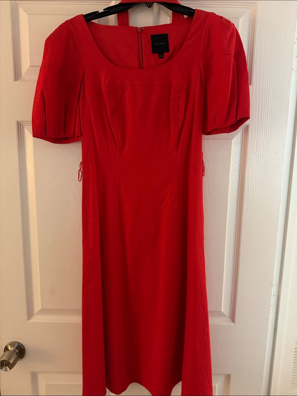 Alex Marie Red Scoop-Neck Midi Dress with Puff Short Sleeves